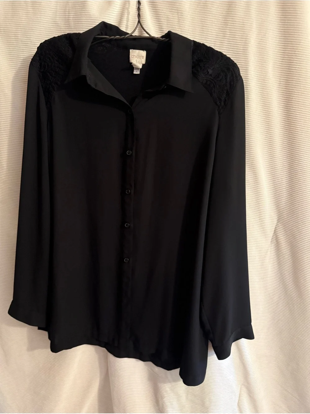 Chico's Black Lace-Shoulder Button-Down Blouse